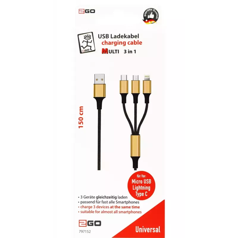USB-Kabel 2GO 797152 3m USB B USB C/Micro-USB B/Lightning Schwarz Gold