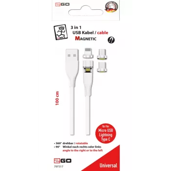 USB-Kabel 2GO 797317 1m USB B USB C/Micro-USB B/Lightning Weiß
