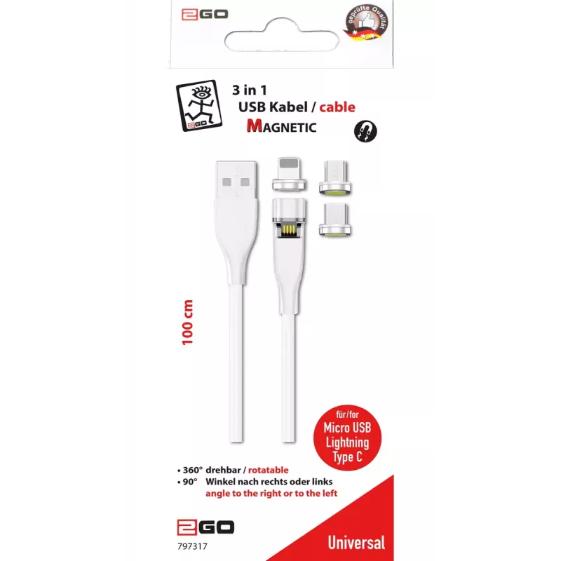 USB-Kabel 2GO 797317 1m USB B USB C/Micro-USB B/Lightning Weiß