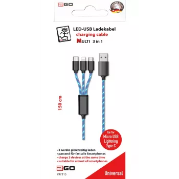 USB-Kabel 2GO 797315 1,5m USB B USB C/Micro-USB B/Lightning Schwarz Blau
