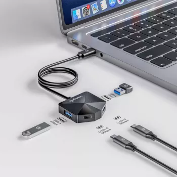 Manhattan USB-C & USB-A Combo-Dock/Hub, Ports (4): USB-A (x2) und USB-C (x2), 5 Gbit/s (USB 3.2 Gen1 auch bekannt als USB 3.0), abgewinkelte Form für einfachen Zugang zu den Ports, USB-betrieben (kein externes Netzteil erforderlich)