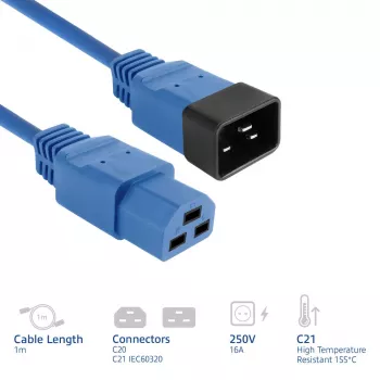Netzkabel ACT C20–C21 IEC60320 blau 1 m, 250 V, 16 A