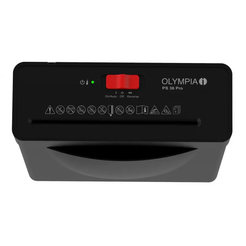 Aktenvernichter Olympia PS 36 Pro — Streifenschnitt, 8-Liter-Auffangkorb, 72 dB, Schwarz