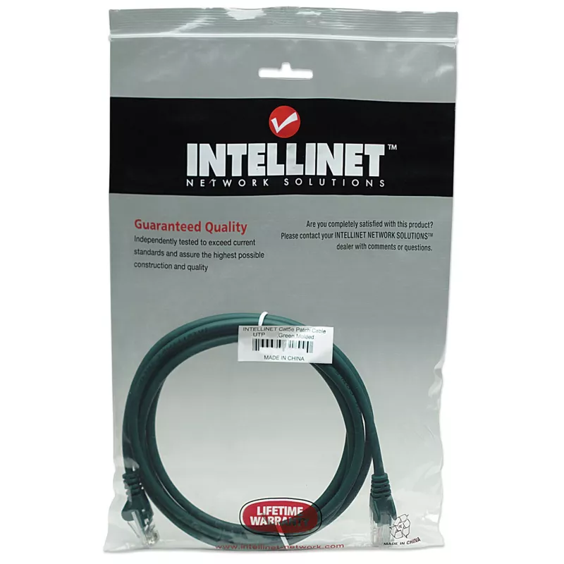 Intellinet Netzwerk-Patchkabel, Cat5e, 7,5 m, Grün, CCA, U/UTP, PVC, RJ45, vergoldete Kontakte, rastnasenschutz, Knickschutztülle, lebenslange Garantie