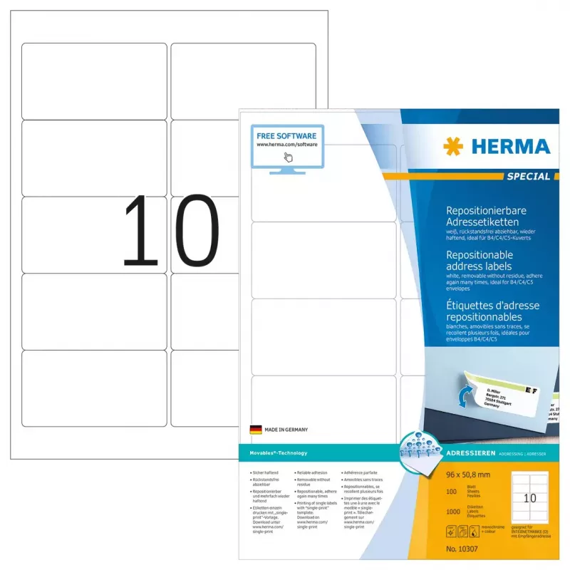 Adressetiketten HERMA Repositionierbar A4 96x50,8 mm 1000 Stück