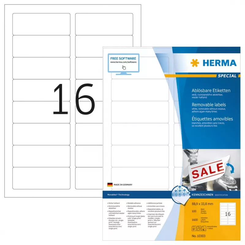 Wiederablösbare Etiketten HERMA 10303 A4 88,9x33,8 mm weiß