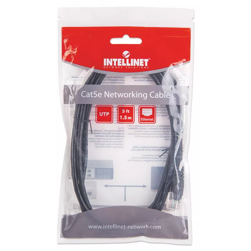 Intellinet Netzwerk-Patchkabel, Cat5e, 1,5 m, Schwarz, CCA, U/UTP, PVC, RJ45, vergoldete Kontakte, rastnasenschutz, Knickschutz, lebenslange Garantie
