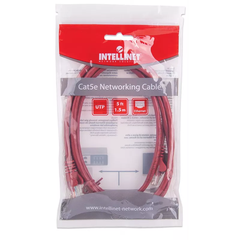 Intellinet Netzwerk-Patchkabel, Cat5e, 1,5 m, Rot, CCA, U/UTP, PVC, RJ45, vergoldete Kontakte, rastnasenfrei, Knickschutz, lebenslange Garantie