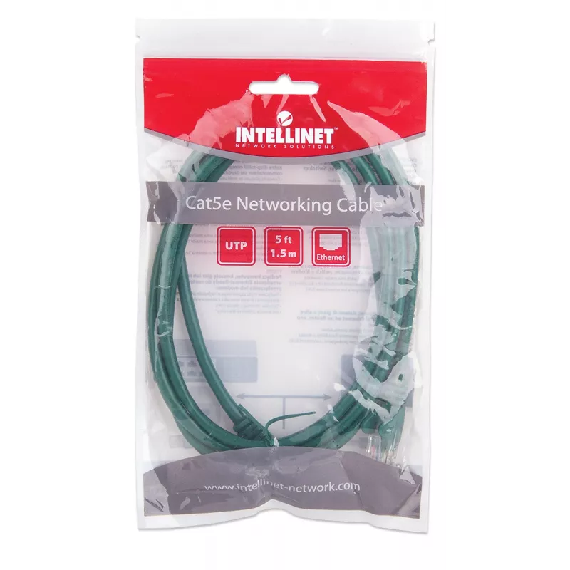 Intellinet Netzwerk-Patchkabel, Cat5e, 1,5 m, Grün, CCA, U/UTP, PVC, RJ45, vergoldete Kontakte, Kabelschutz, Knickschutz, lebenslange Garantie