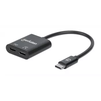 Manhattan USB-C zu USB-C Audio-Adapter und USB-C (inkl. Power Delivery), Schwarz, 480 Mbit/s (USB 2.0), Kabel 11cm, Mit Power Delivery zum USB-C-Port (60W), Drei Jahre Garantie