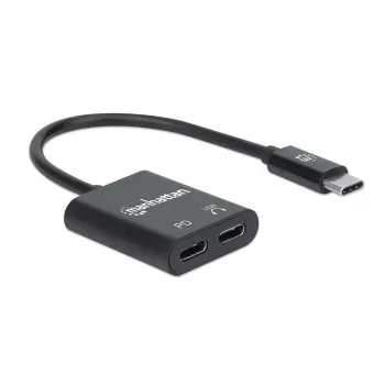 Manhattan USB-C zu USB-C Audio-Adapter und USB-C (inkl. Power Delivery), Schwarz, 480 Mbit/s (USB 2.0), Kabel 11cm, Mit Power Delivery zum USB-C-Port (60W), Drei Jahre Garantie