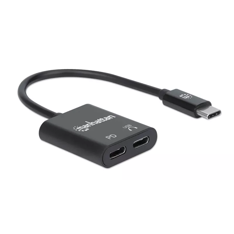 Manhattan USB-C zu USB-C Audio-Adapter und USB-C (inkl. Power Delivery), Schwarz, 480 Mbit/s (USB 2.0), Kabel 11cm, Mit Power Delivery zum USB-C-Port (60W), Drei Jahre Garantie