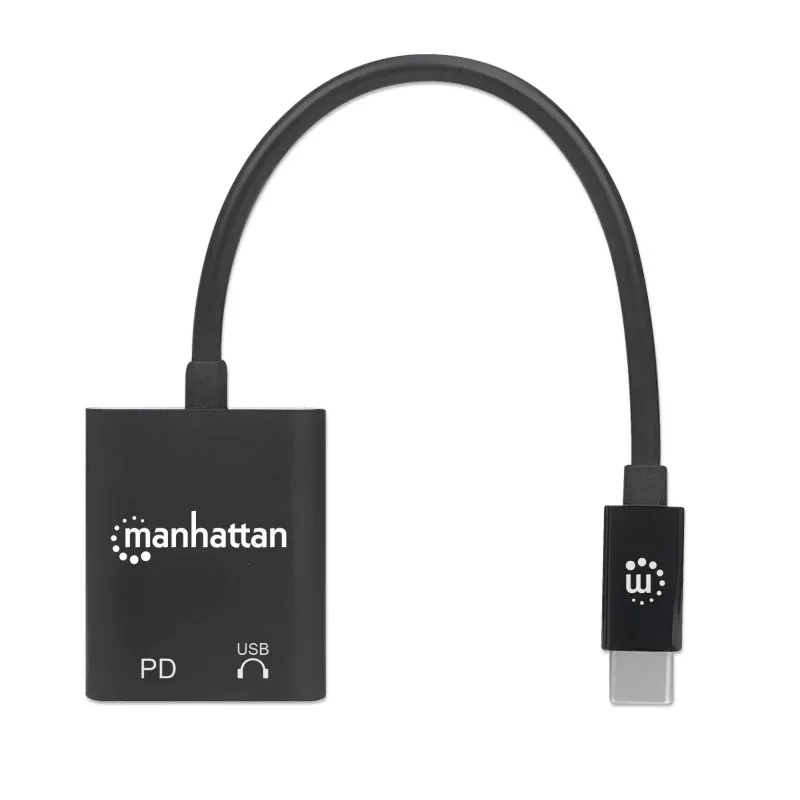 Manhattan USB-C zu USB-C Audio-Adapter und USB-C (inkl. Power Delivery), Schwarz, 480 Mbit/s (USB 2.0), Kabel 11cm, Mit Power Delivery zum USB-C-Port (60W), Drei Jahre Garantie