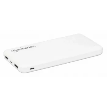 Manhattan Powerbank, 10000 mAh, Ausgang: 2x USB-A (2,1 A & 1 A), Eingang: USB-C & Micro-USB (beide 2 A), Weiß, Ein Jahr Garantie