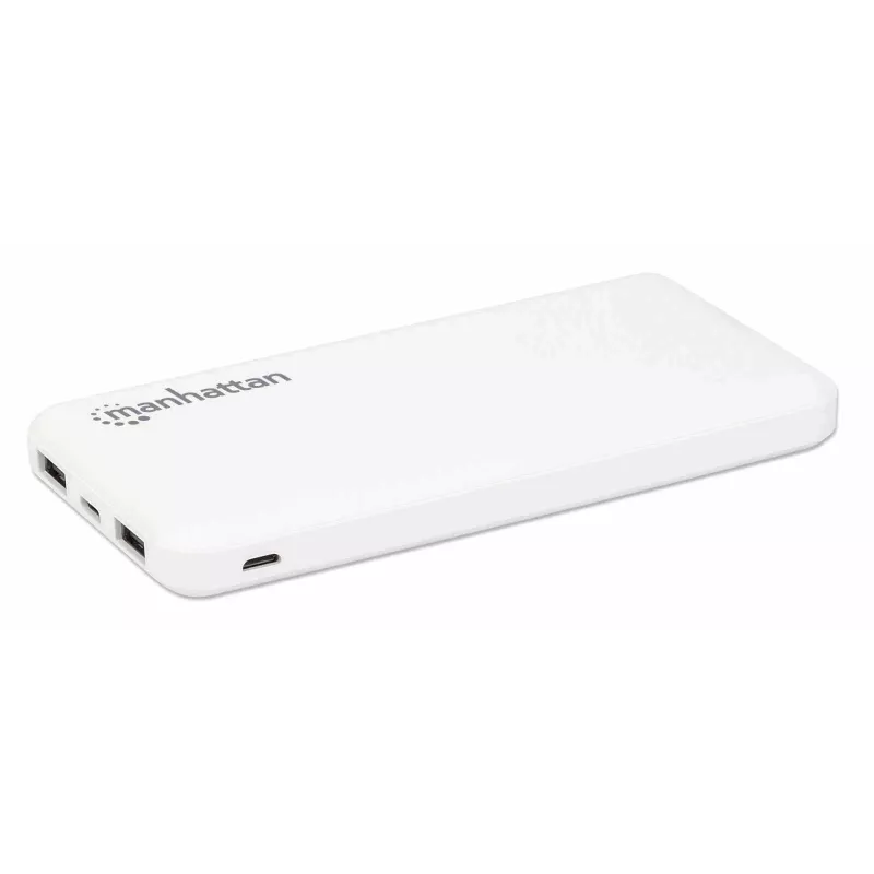Manhattan Powerbank, 10000 mAh, Ausgang: 2x USB-A (2,1 A & 1 A), Eingang: USB-C & Micro-USB (beide 2 A), Weiß, Ein Jahr Garantie
