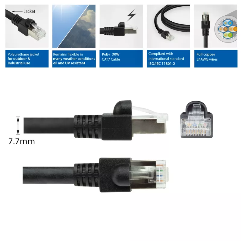 ACT Schwarz 7 Meter S/FTP CAT7 PUR Flex-Patchkabel rastnasenfrei mit RJ45-Steckern (CAT6A-konform)