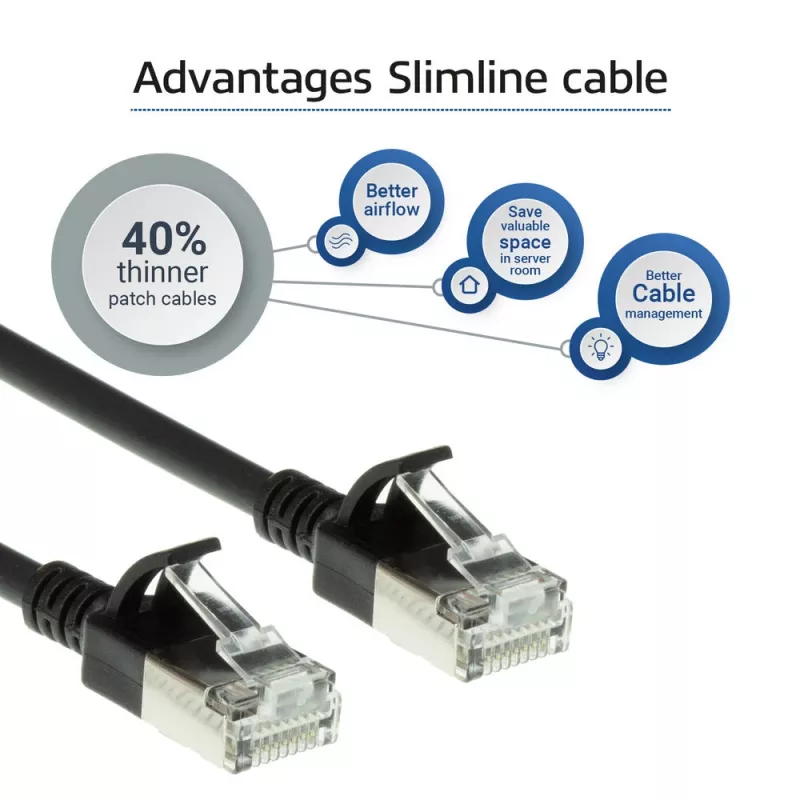 ACT Schwarz 10 Meter LSZH U/FTP CAT6A Datacenter Slimline Patchkabel mit rastfreien RJ45-Steckern