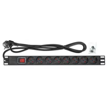 Intellinet 19 Zoll 1HE Rackmount 8-fach Power Distribution Unit (PDU), EU CEE 7/3 Steckdosen, integriertes 2m Netzkabel mit EU CEE 7/7 Stecker, 16 A, Ein/Aus-Schalter, horizontale Montage, Aluminium, Schwarz