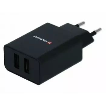 Power-Ladegerät SWISSTEN Travel Charger SW-21A105W-BK, 2×USB, 2,1A pro Anschluss (10,5W gesamt)