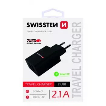 Power-Ladegerät SWISSTEN Travel Charger SW-21A105W-BK, 2×USB, 2,1A pro Anschluss (10,5W gesamt)