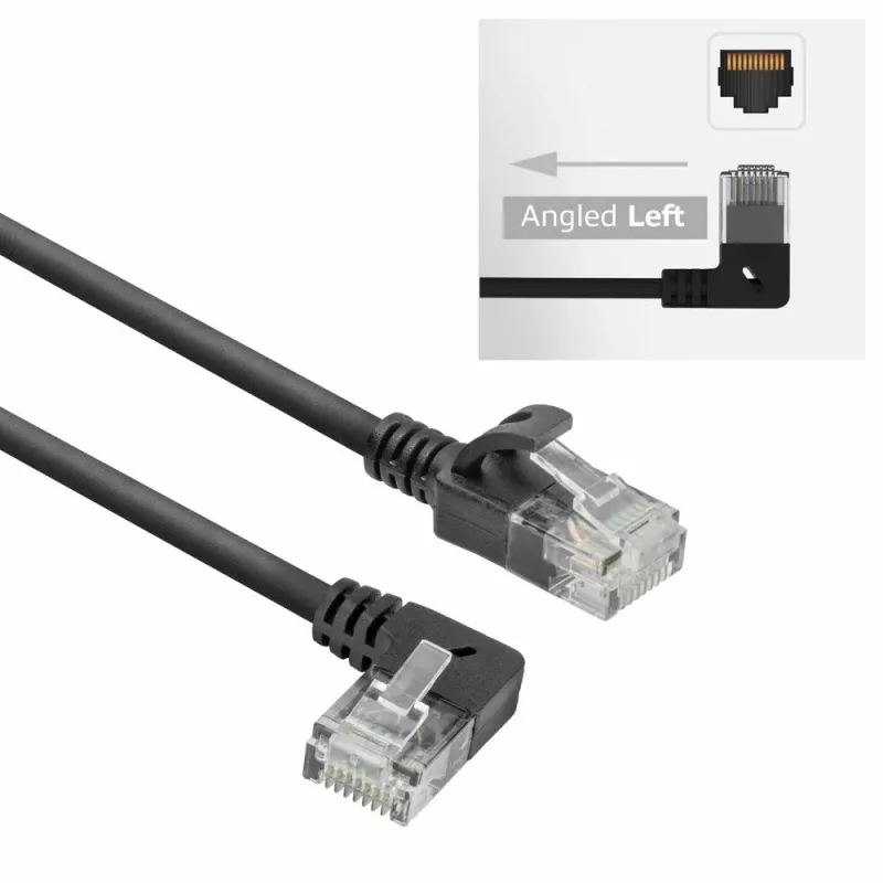 ACT Schwarz 2 Meter U/UTP CAT6A LSZH Slimline Patchkabel mit RJ45-Steckern 90° gewinkelt links auf gerade