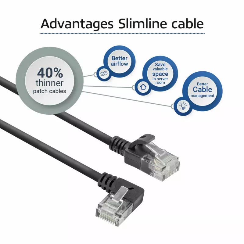 ACT Schwarz 2 Meter U/UTP CAT6A LSZH Slimline Patchkabel mit RJ45-Steckern 90° gewinkelt links auf gerade