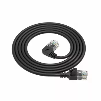ACT Schwarz 5 Meter U/UTP CAT6A LSZH Slimline-Patchkabel mit RJ45-Steckern 90° abgewinkelt links auf gerade
