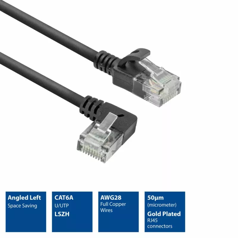 ACT Schwarz 5 Meter U/UTP CAT6A LSZH Slimline-Patchkabel mit RJ45-Steckern 90° abgewinkelt links auf gerade