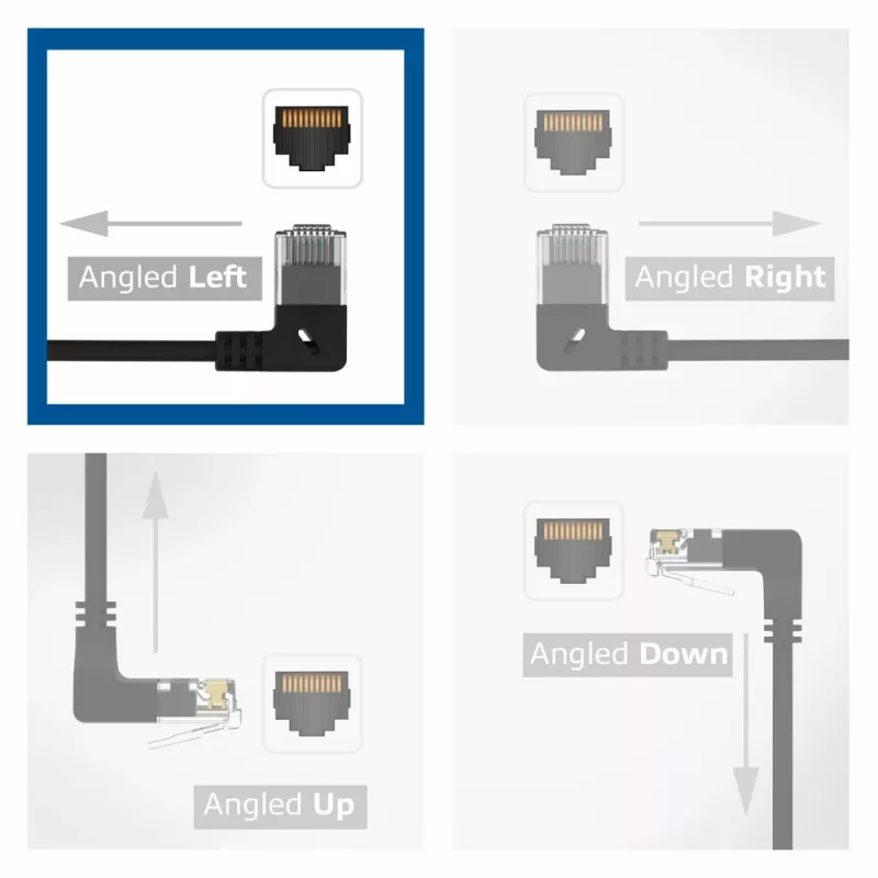 ACT Schwarz 5 Meter U/UTP CAT6A LSZH Slimline-Patchkabel mit RJ45-Steckern 90° abgewinkelt links auf gerade