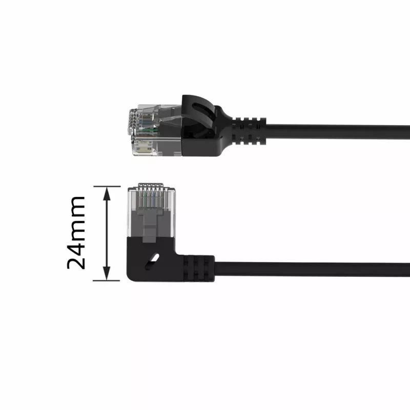 ACT Schwarz 1,5 Meter U/UTP CAT6A LSZH Slimline Patchkabel mit RJ45-Steckern 90° abgewinkelt links auf gerade