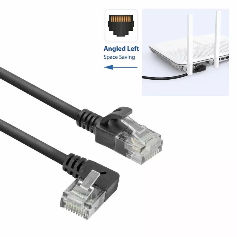ACT Schwarz 3 Meter U/UTP CAT6A LSZH Slimline-Patchkabel mit RJ45-Steckern 90° abgewinkelt links auf gerade