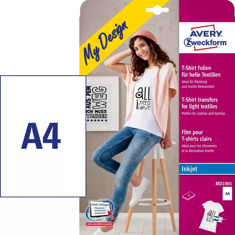 Kleidungstransfer-Tintenstrahlfolien Avery Zweckform MD1001 — Polypropylen A4 210×297 mm, weiß, helle Farben, 5er-Pack