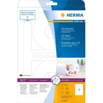 CD-Etiketten HERMA A4 Ø 116 mm weiß Papier matt blickdicht 50 Stück