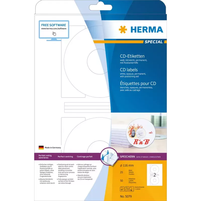 CD-Etiketten HERMA A4 Ø 116 mm weiß Papier matt blickdicht 50 Stück