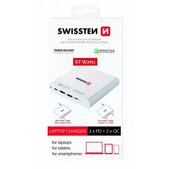 Reiseladegerät SWISSTEN SW-TCH-87W-PD30-QC30-W — 87W, PD 3.0, QC 3.0, für Smartphones und Laptops