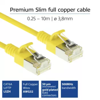 ACT Gelb 2 Meter LSZH U/FTP CAT6A Rechenzentrums-Slimline-Patchkabel mit Rastnasenschutz und RJ45-Steckern