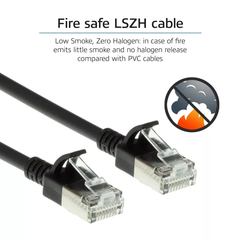 ACT Schwarz 3 Meter LSZH U/FTP CAT6A Datacenter Slimline Patchkabel mit Rasthaken-RJ45-Steckern