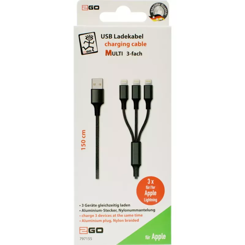 Lightning-Kabel 2GO 797155 1,5 m Schwarz USB B USB C Micro-USB B