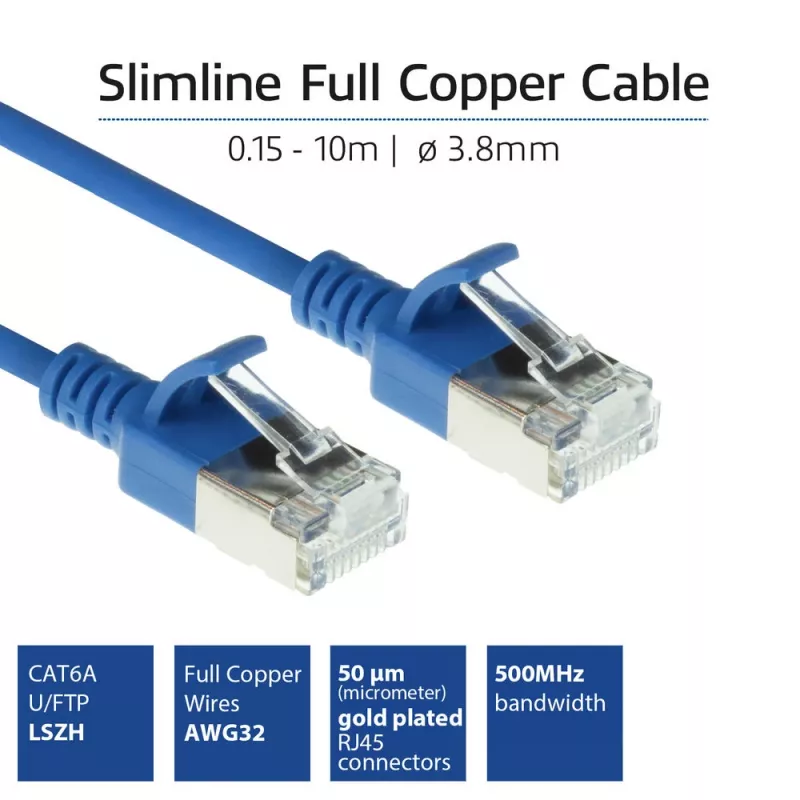 ACT Blau 10 Meter LSZH U/FTP CAT6A Rechenzentrums-Slimline-Patchkabel mit Rasthaken-RJ45-Steckern