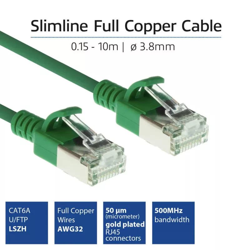 ACT Grün 10 Meter LSZH U/FTP CAT6A Datacenter Slimline Patchkabel, rastnasenfrei mit RJ45-Steckern
