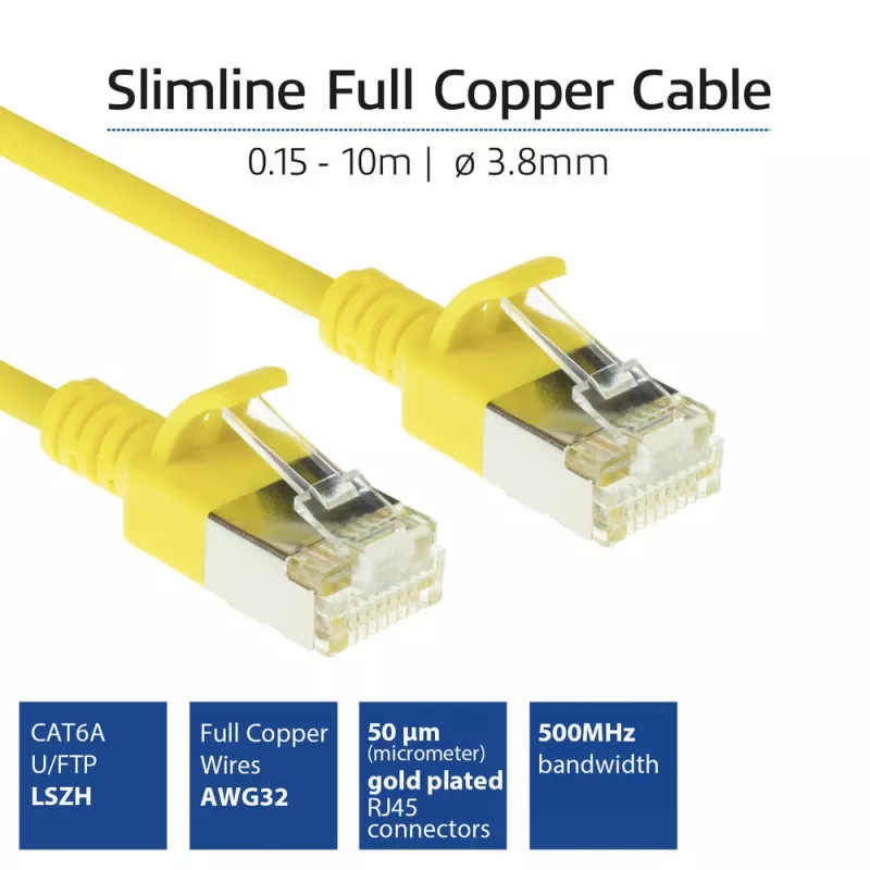ACT Gelb 7 Meter LSZH U/FTP CAT6A Rechenzentrums-Slimline-Patchkabel mit Rasthaken-Schutz und RJ45-Steckern