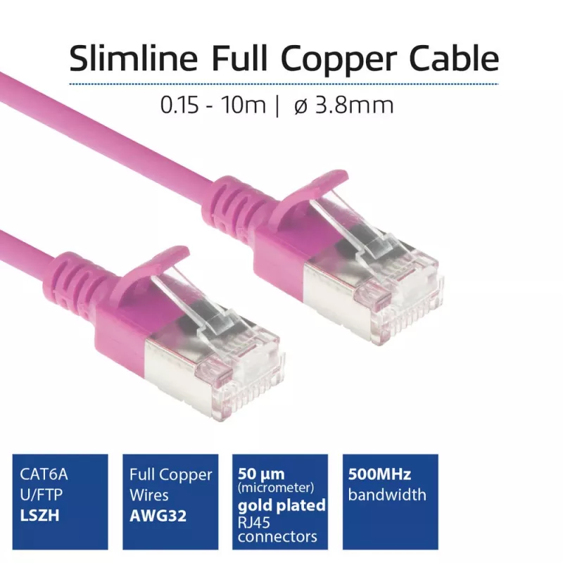 ACT Pink 2 Meter LSZH U/FTP CAT6A Rechenzentrum Slimline Patchkabel snagless mit RJ45 Steckern