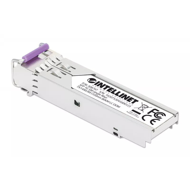 Intellinet Gigabit Fiber WDM Bi-Directional SFP Optical Transceiver Module 1000Base-BX-U (LC) Single-Mode-Port, 80 km, BiDi WDM (RX1550/TX1490), MSA-konform für maximale Kompatibilität, Silber