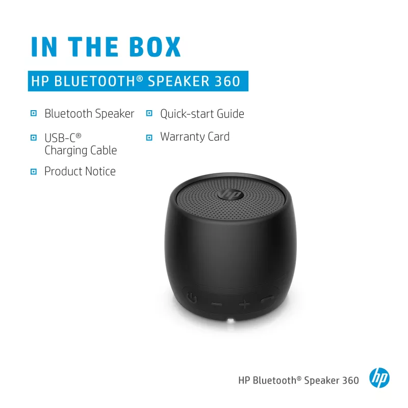 HP Schwarz Bluetooth Speaker 360, Kabelgebunden & Kabellos, Mono tragbarer Lautsprecher, Schwarz, Zylinder, Tasten, Universal