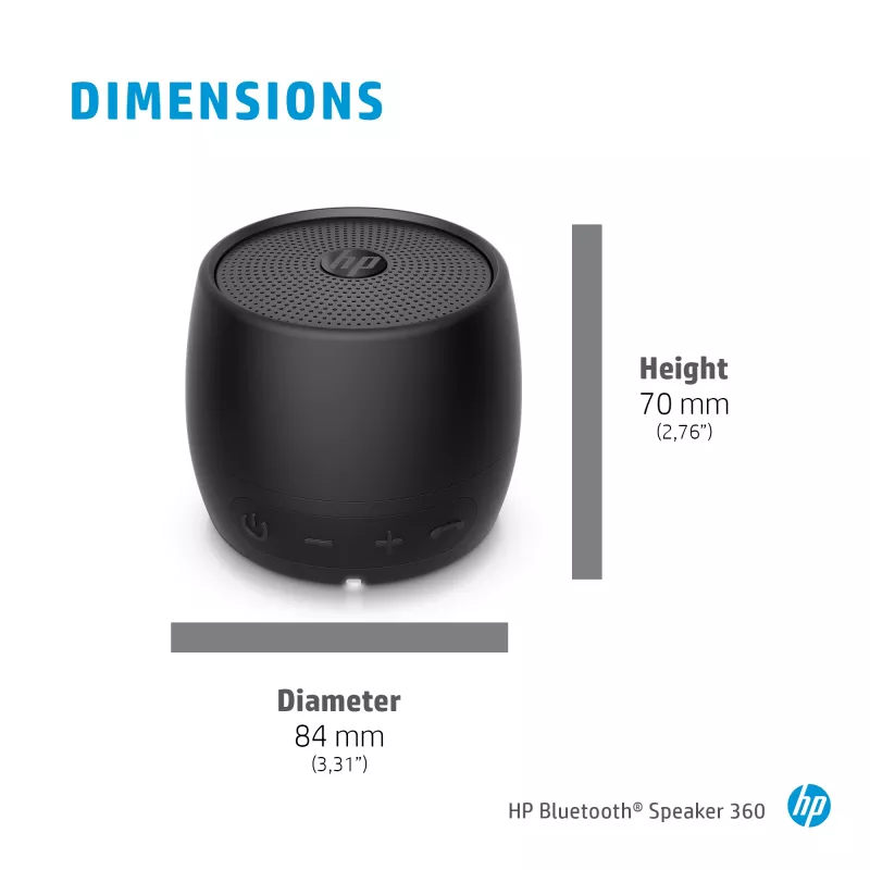 HP Schwarz Bluetooth Speaker 360, Kabelgebunden & Kabellos, Mono tragbarer Lautsprecher, Schwarz, Zylinder, Tasten, Universal