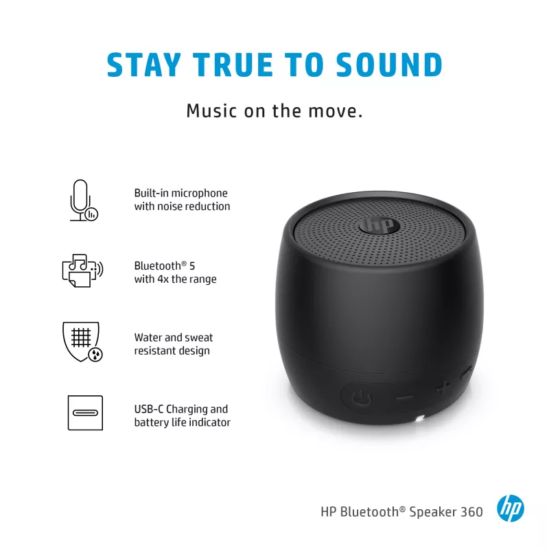 HP Schwarz Bluetooth Speaker 360, Kabelgebunden & Kabellos, Mono tragbarer Lautsprecher, Schwarz, Zylinder, Tasten, Universal