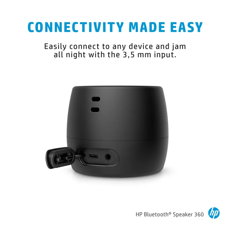 HP Schwarz Bluetooth Speaker 360, Kabelgebunden & Kabellos, Mono tragbarer Lautsprecher, Schwarz, Zylinder, Tasten, Universal