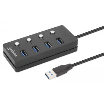 Manhattan USB-C Dock/Hub, Ports (x4) mit Ein-/Ausschalter für jeden Port: USB-A (x4), 5 Gbps (USB 3.2 Gen1 auch bekannt als USB 3.0), Universell für alle Geräte, Bus- oder AC-Stromversorgung (optionaler Anschluss, nicht im Lieferumfang enthalten), Kabel 1,5 m, SuperSpeed USB, Schwarz, Drei Jahre Garantie