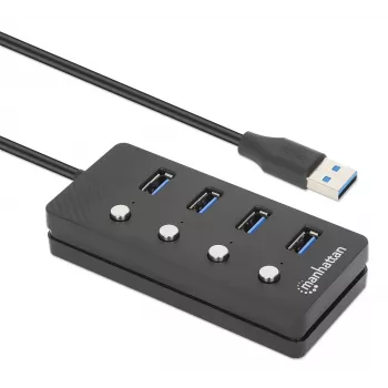 Manhattan USB-C Dock/Hub, Ports (x4) mit Ein-/Ausschalter für jeden Port: USB-A (x4), 5 Gbps (USB 3.2 Gen1 auch bekannt als USB 3.0), Universell für alle Geräte, Bus- oder AC-Stromversorgung (optionaler Anschluss, nicht im Lieferumfang enthalten), Kabel 1,5 m, SuperSpeed USB, Schwarz, Drei Jahre Garantie