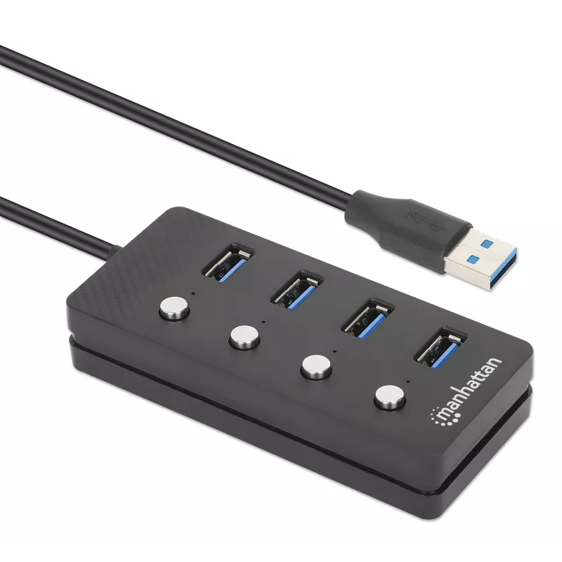 Manhattan USB-C Dock/Hub, Ports (x4) mit Ein-/Ausschalter für jeden Port: USB-A (x4), 5 Gbps (USB 3.2 Gen1 auch bekannt als USB 3.0), Universell für alle Geräte, Bus- oder AC-Stromversorgung (optionaler Anschluss, nicht im Lieferumfang enthalten), Kabel 1,5 m, SuperSpeed USB, Schwarz, Drei Jahre Garantie